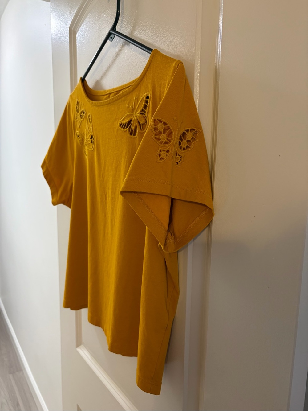 Women's Mustard Yellow Butterfly Cutout Short Sleeve Top - Picture 4 of 15